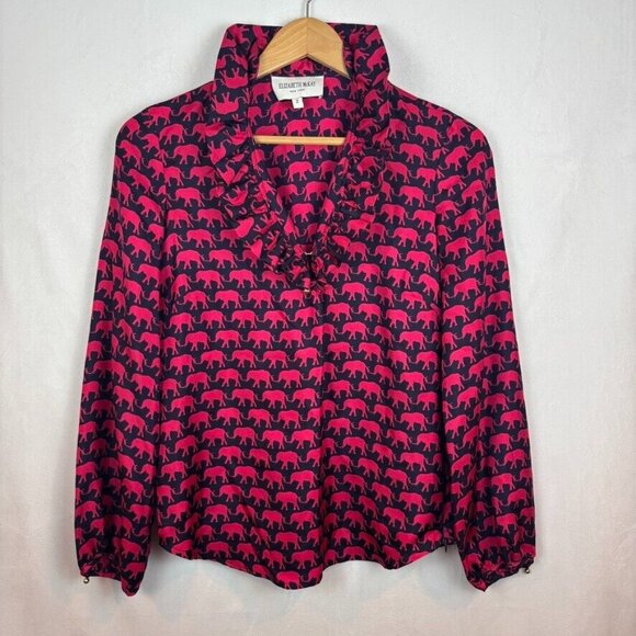 Elizabeth‎ McKay Elizabeth Shirt 100% Silk Elephant Blouse Women's SZ 2 Elephant - Picture 1 of 13